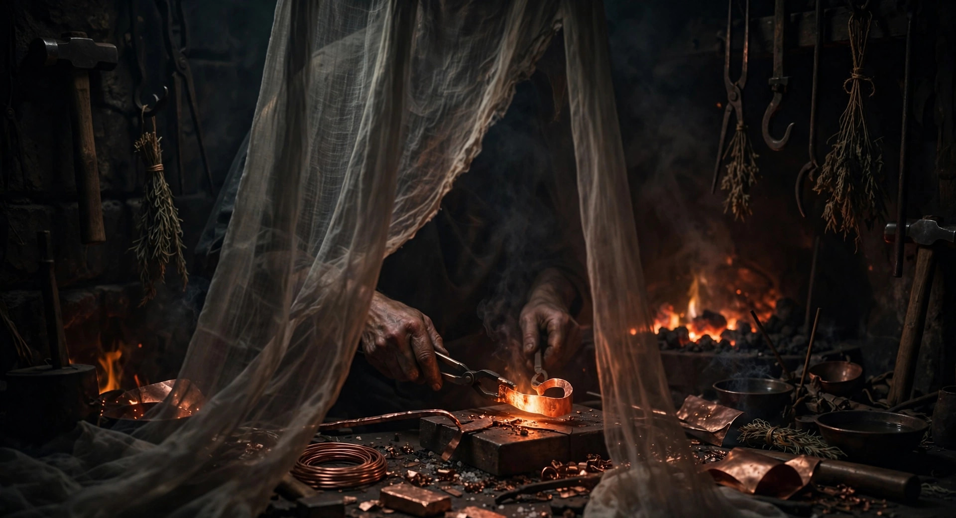 Veiled hands shaping glowing copper beside a ritual fire